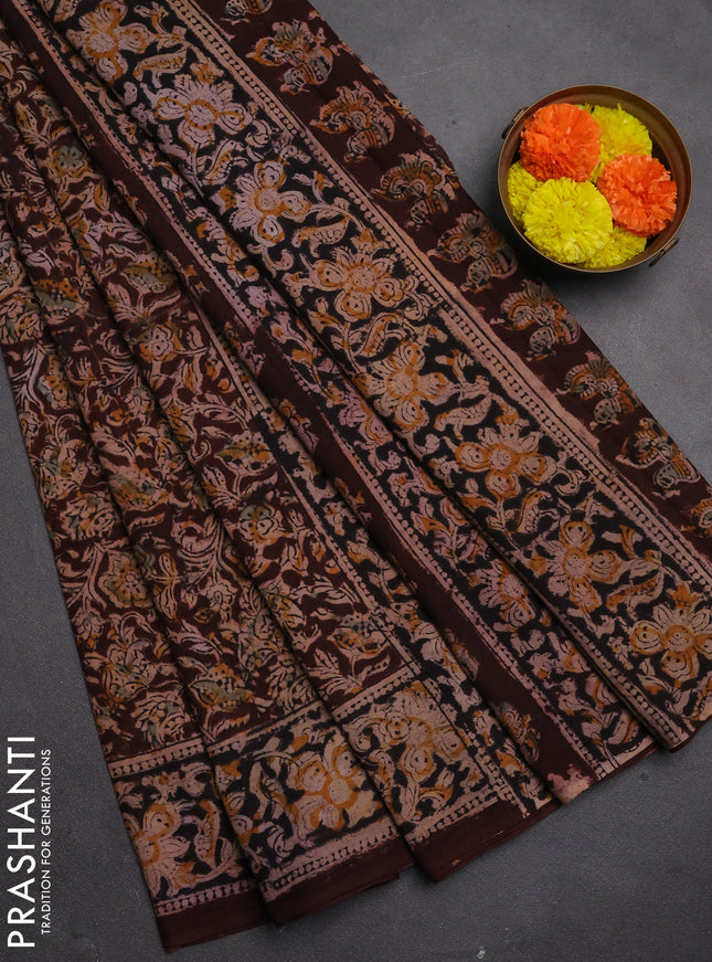 Kalamkari cotton saree coffee brown and black with allover block prints and printed border