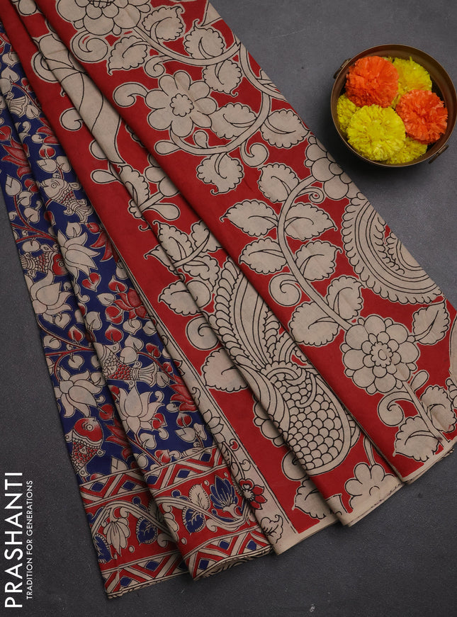 Kalamkari cotton saree peacock blue and maroon with allover prints and printed border