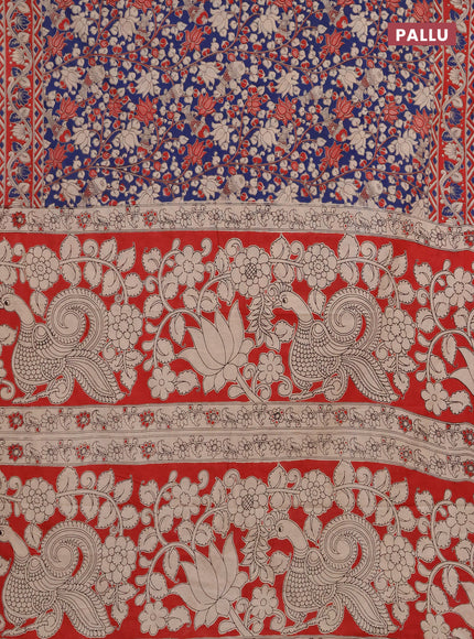Kalamkari cotton saree peacock blue and maroon with allover prints and printed border