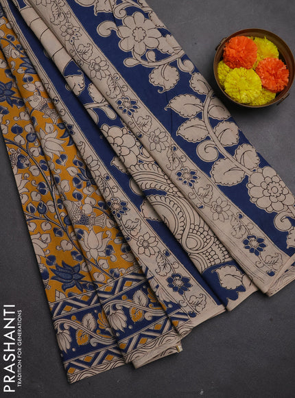 Kalamkari cotton saree mustard yellow and peacock blue with allover prints and printed border