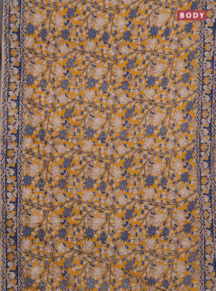 Kalamkari cotton saree mustard yellow and peacock blue with allover prints and printed border