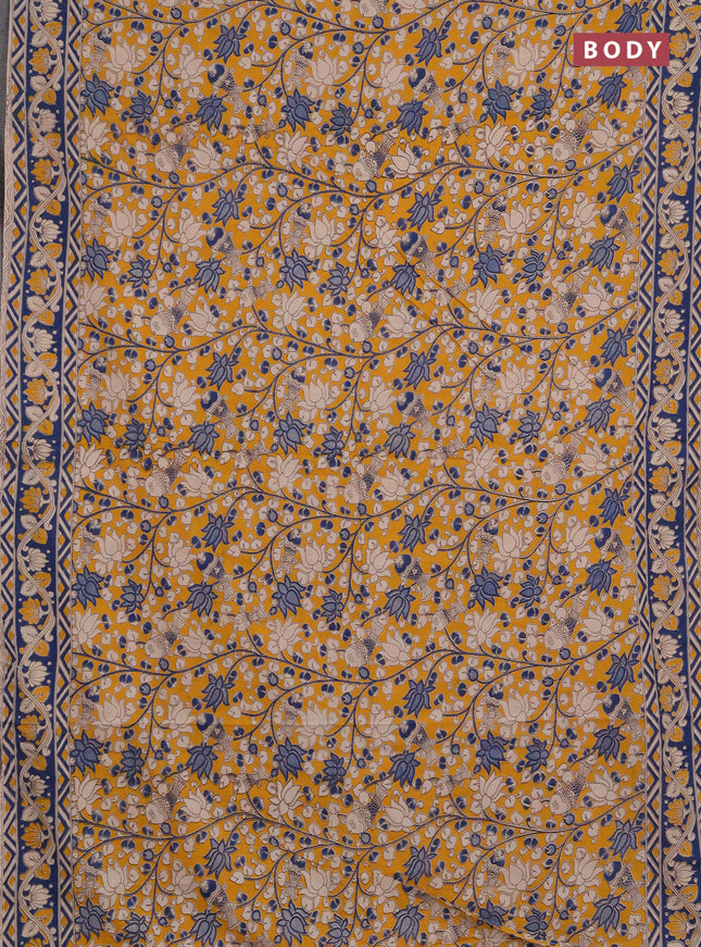 Kalamkari cotton saree mustard yellow and peacock blue with allover prints and printed border