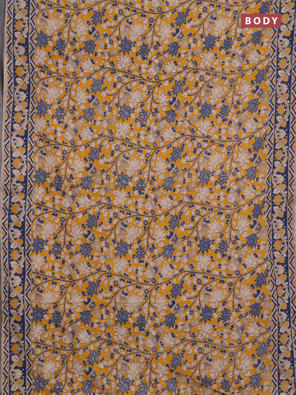 Kalamkari cotton saree mustard yellow and peacock blue with allover prints and printed border