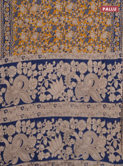 Kalamkari cotton saree mustard yellow and peacock blue with allover prints and printed border