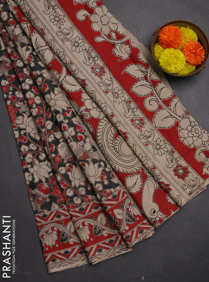 Kalamkari cotton saree grey and maroon with allover prints and printed border