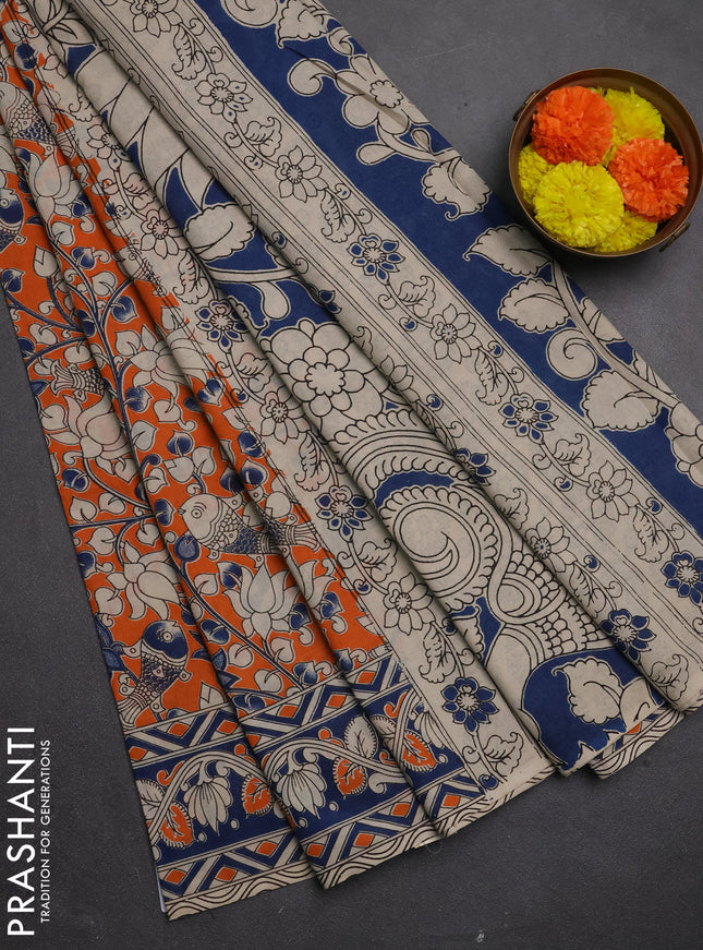 Kalamkari cotton saree orange and peacock blue with allover prints and printed border