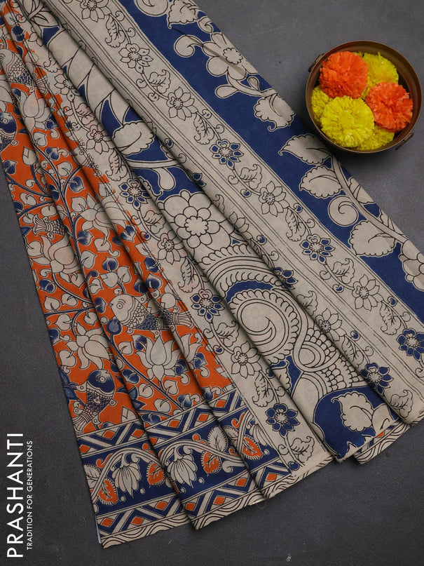 Kalamkari cotton saree orange and peacock blue with allover prints and printed border