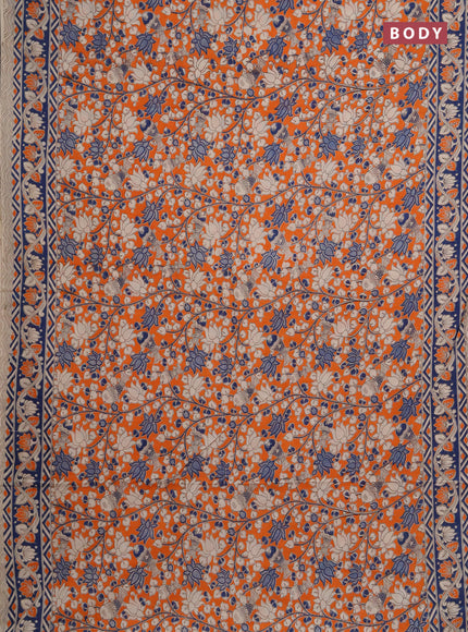 Kalamkari cotton saree orange and peacock blue with allover prints and printed border