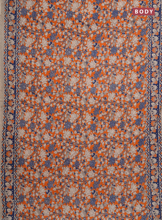 Kalamkari cotton saree orange and peacock blue with allover prints and printed border