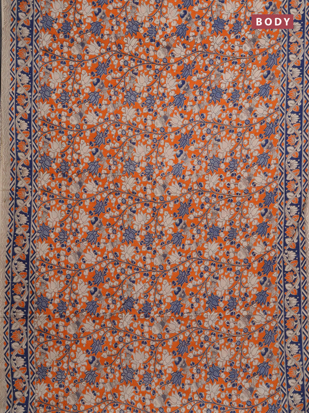 Kalamkari cotton saree orange and peacock blue with allover prints and printed border