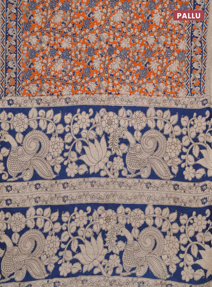 Kalamkari cotton saree orange and peacock blue with allover prints and printed border