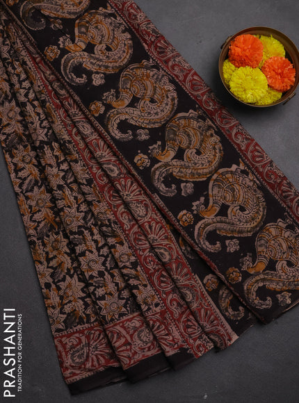 Kalamkari cotton saree black and maroon grey with allover block prints and printed border
