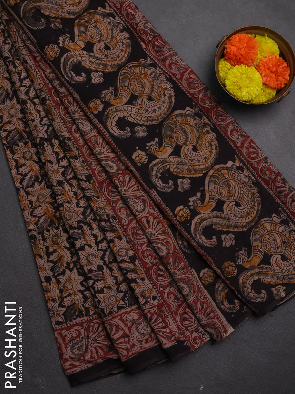 Kalamkari cotton saree black and maroon grey with allover block prints and printed border