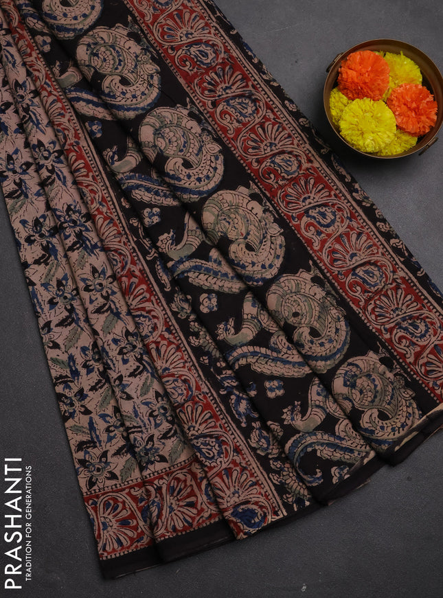 Kalamkari cotton saree black and maroon blue with allover block prints and printed border