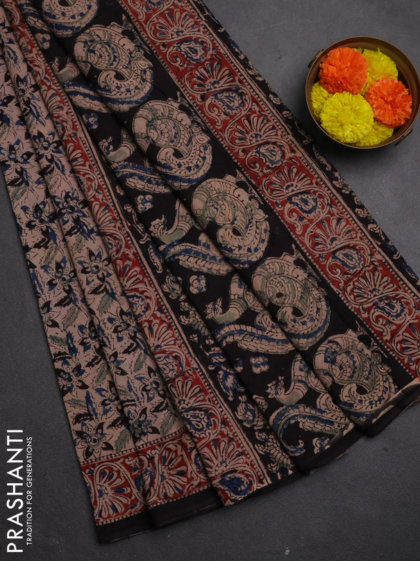 Kalamkari cotton saree black and maroon blue with allover block prints and printed border