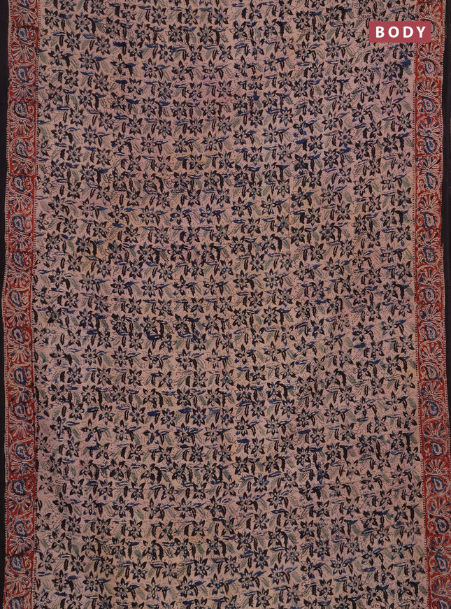 Kalamkari cotton saree black and maroon blue with allover block prints and printed border