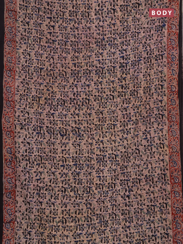 Kalamkari cotton saree black and maroon blue with allover block prints and printed border