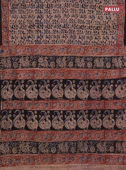 Kalamkari cotton saree black and maroon blue with allover block prints and printed border
