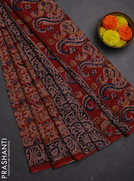 Kalamkari cotton saree maroon and black with allover block prints and printed border