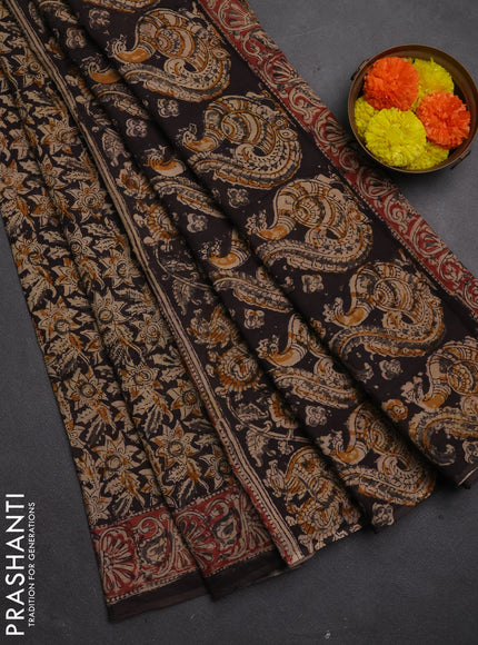 Kalamkari cotton saree black and maroon with allover block prints and printed border