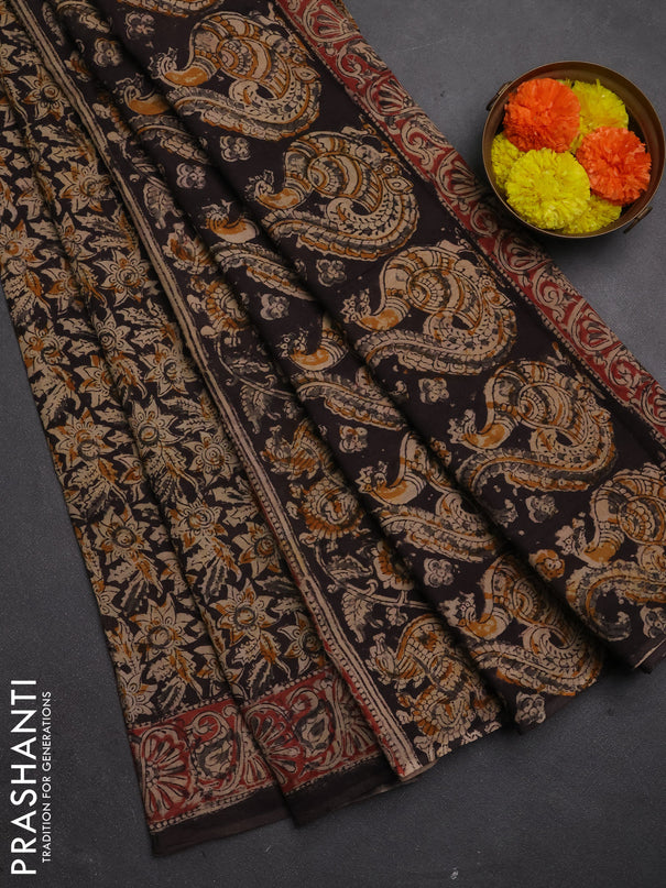 Kalamkari cotton saree black and maroon with allover block prints and printed border