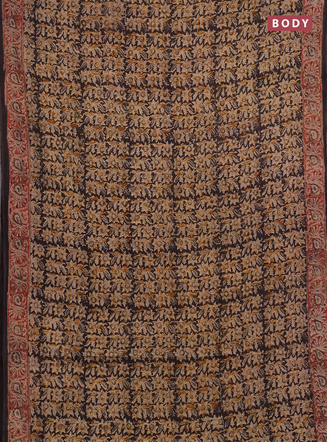 Kalamkari cotton saree black and maroon with allover block prints and printed border