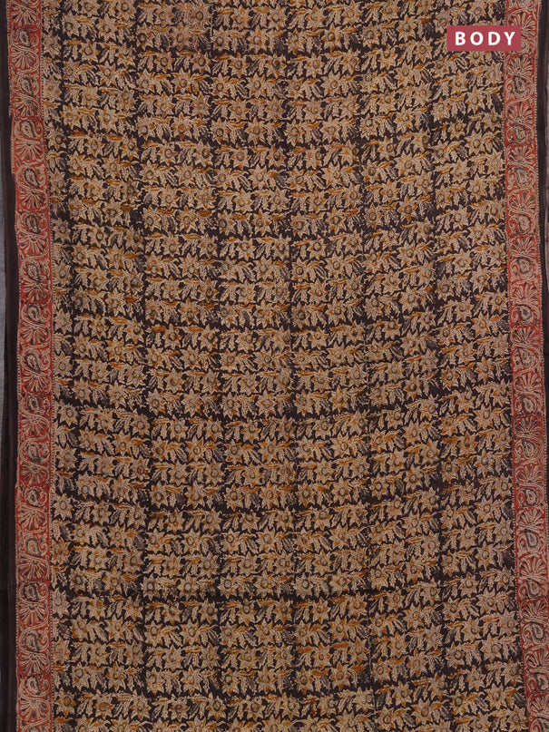 Kalamkari cotton saree black and maroon with allover block prints and printed border