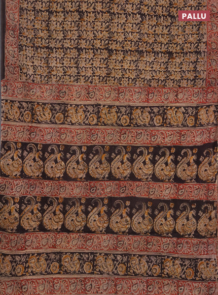 Kalamkari cotton saree black and maroon with allover block prints and printed border