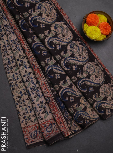 Kalamkari cotton saree black and red with allover block prints and printed border