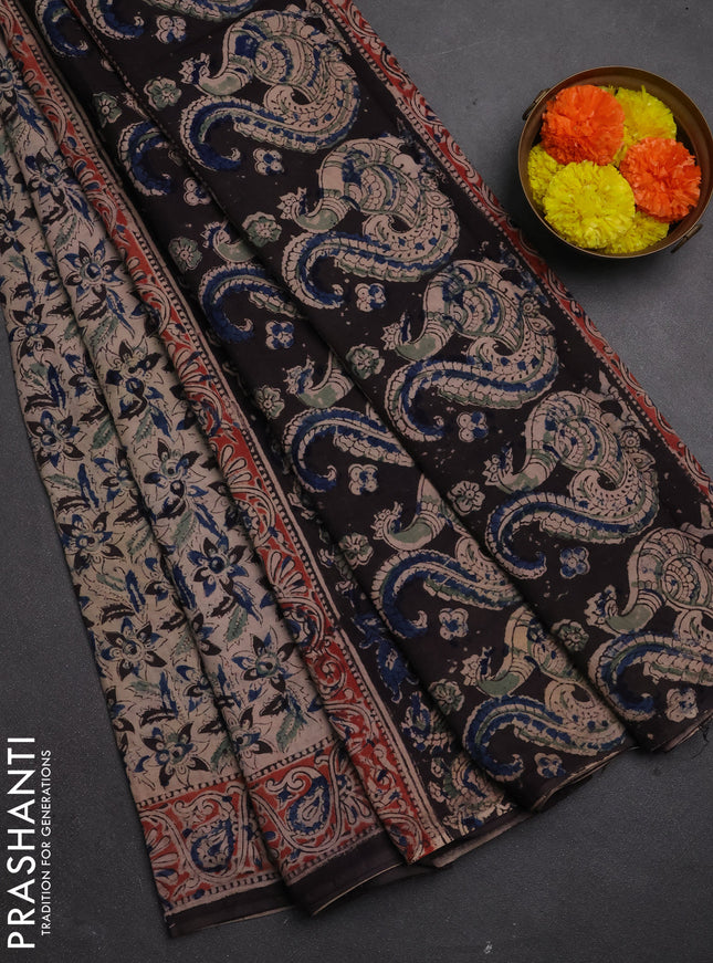 Kalamkari cotton saree black and red with allover block prints and printed border