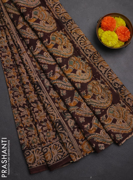 Kalamkari cotton saree coffee brown and black with allover block prints and printed border
