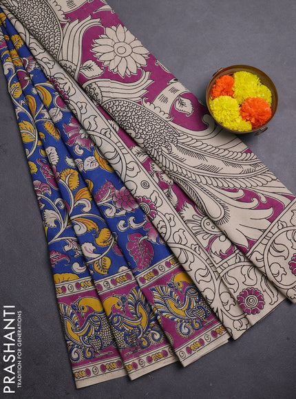 Kalamkari cotton saree cs blue and magenta pink with allover prints and printed border