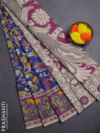 Kalamkari cotton saree cs blue and magenta pink with allover prints and printed border