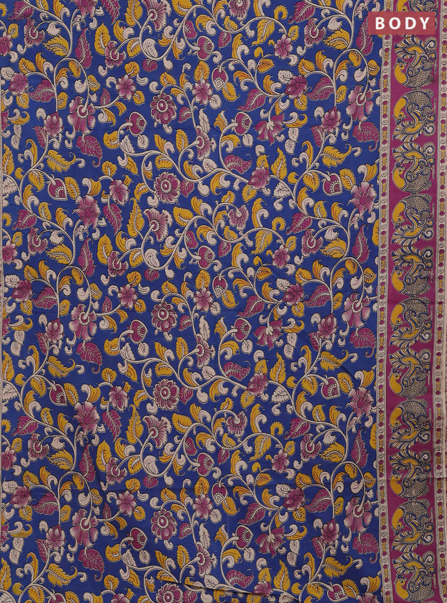 Kalamkari cotton saree cs blue and magenta pink with allover prints and printed border