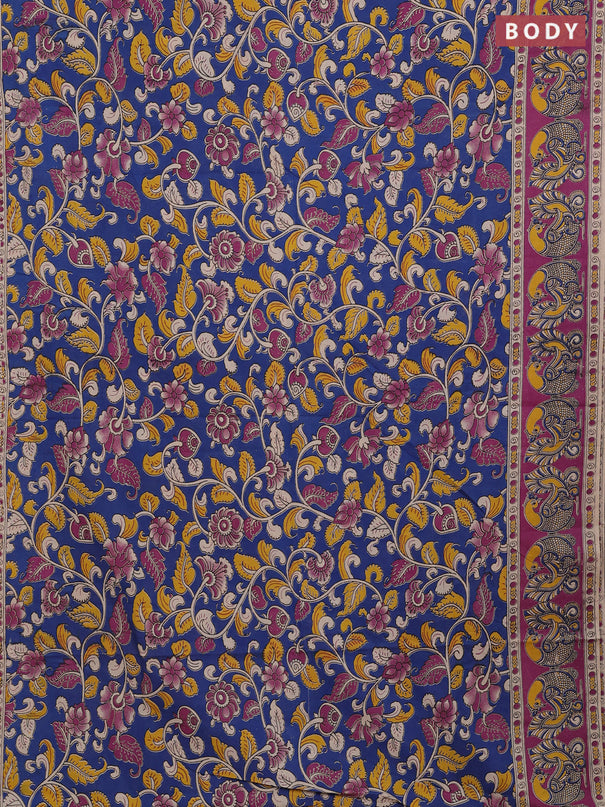 Kalamkari cotton saree cs blue and magenta pink with allover prints and printed border
