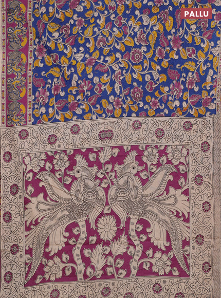 Kalamkari cotton saree cs blue and magenta pink with allover prints and printed border