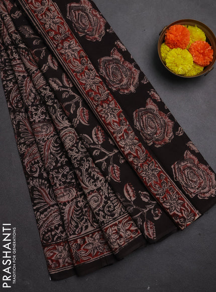 Kalamkari cotton saree black and maroon with allover block prints and printed border