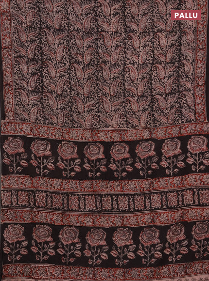 Kalamkari cotton saree black and maroon with allover block prints and printed border