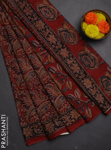 Kalamkari cotton saree maroon and black with allover block prints and printed border