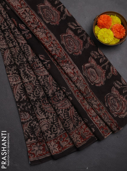 Kalamkari cotton saree black and maroon with allover block prints and printed border