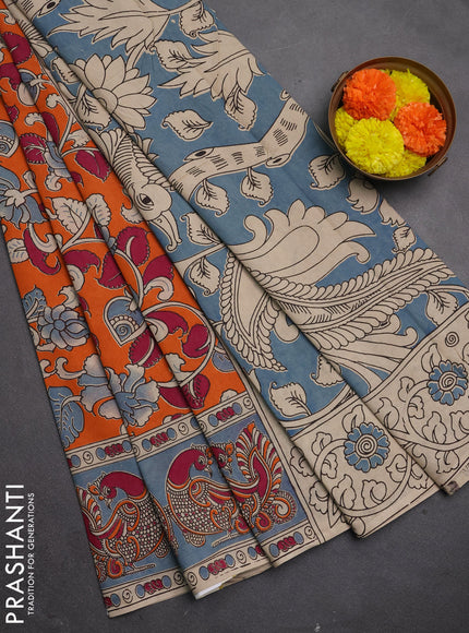 Kalamkari cotton saree orange and grey with allover prints and printed border