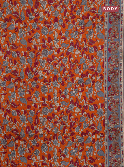 Kalamkari cotton saree orange and grey with allover prints and printed border
