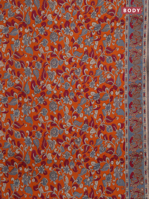 Kalamkari cotton saree orange and grey with allover prints and printed border