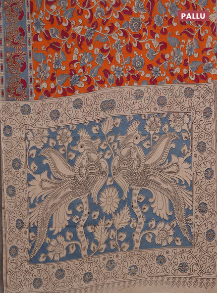 Kalamkari cotton saree orange and grey with allover prints and printed border