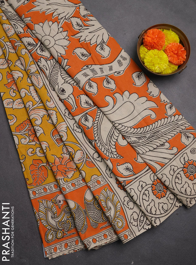 Kalamkari cotton saree 0 and 0 with allover prints and printed border