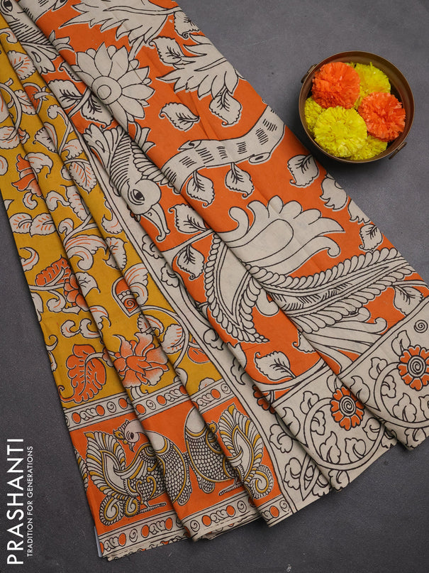 Kalamkari cotton saree 0 and 0 with allover prints and printed border
