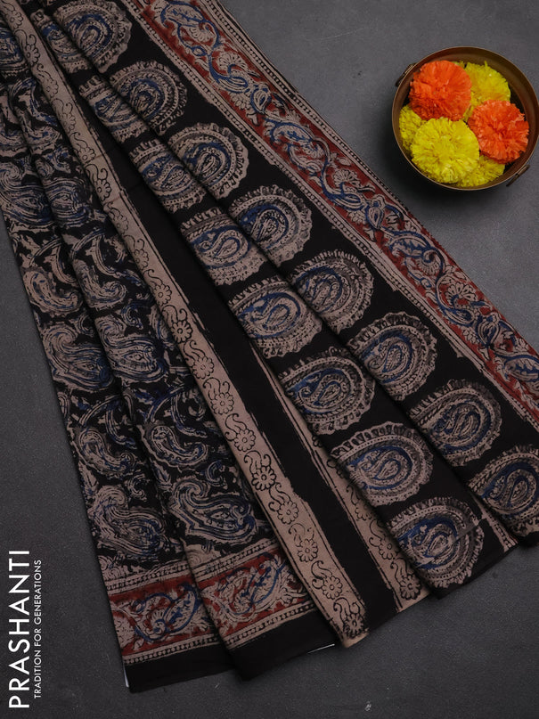 Kalamkari cotton saree black  and maroon with allover block prints and printed border
