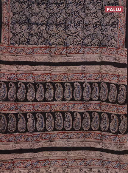Kalamkari cotton saree black  and maroon with allover block prints and printed border