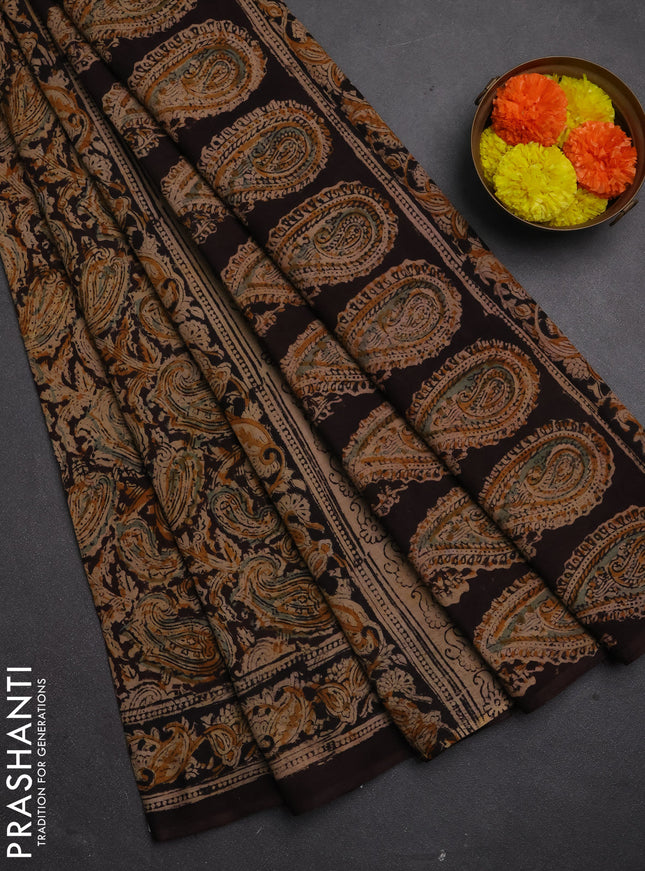 Kalamkari cotton saree coffee brown and black with allover block prints and printed border
