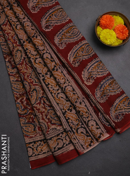 Kalamkari cotton saree maroon and black  with allover block prints and printed border